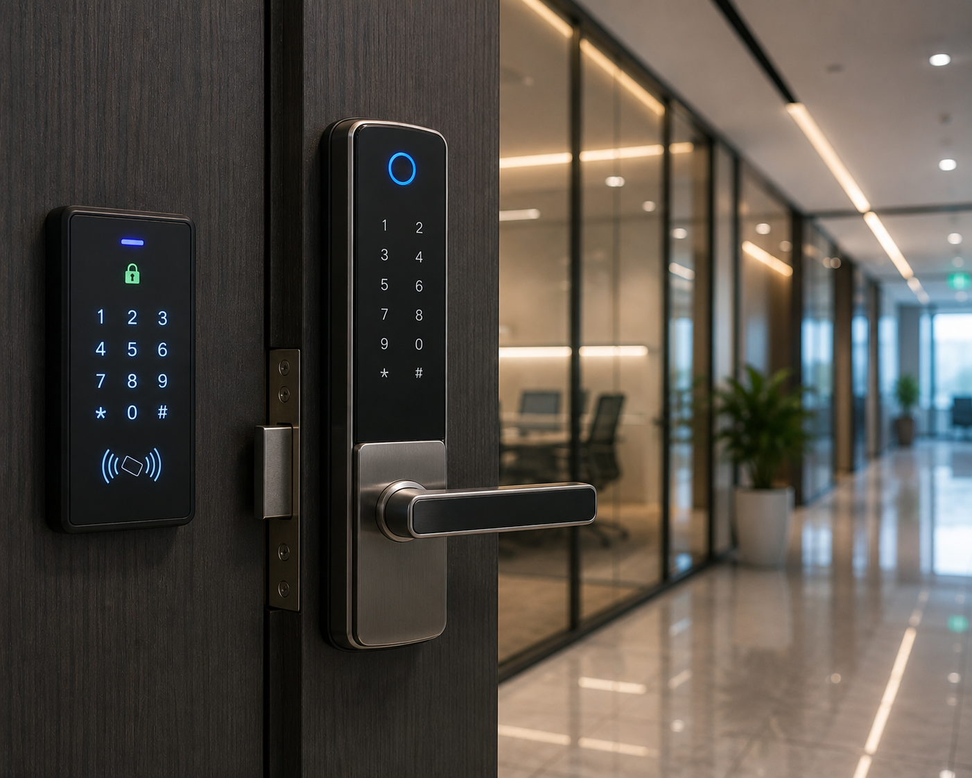 Fingerprint and PIN smart lock installed on a home's front door